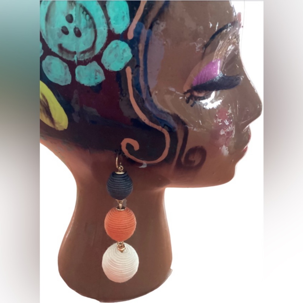 Cute blue/orange/white graduated rope-covered ball earrings on gold wire.